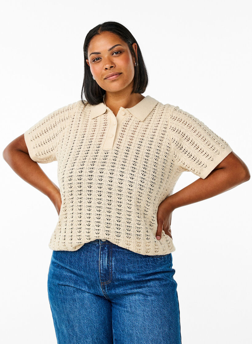 Gestricktes Poloshirt mit Lochmuster, Beige, Model image number 0