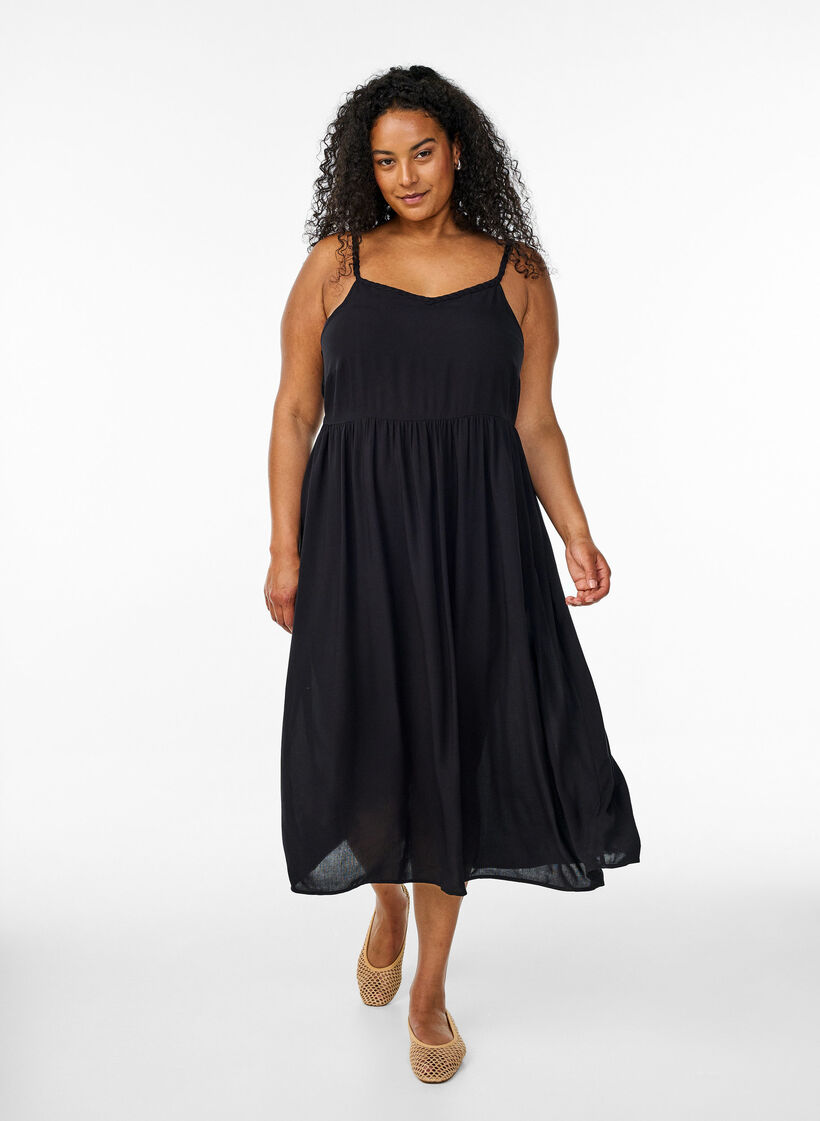Midi-Trägerkleid mit gesmoktem Rückenteil, Schwarz, Model image number 0