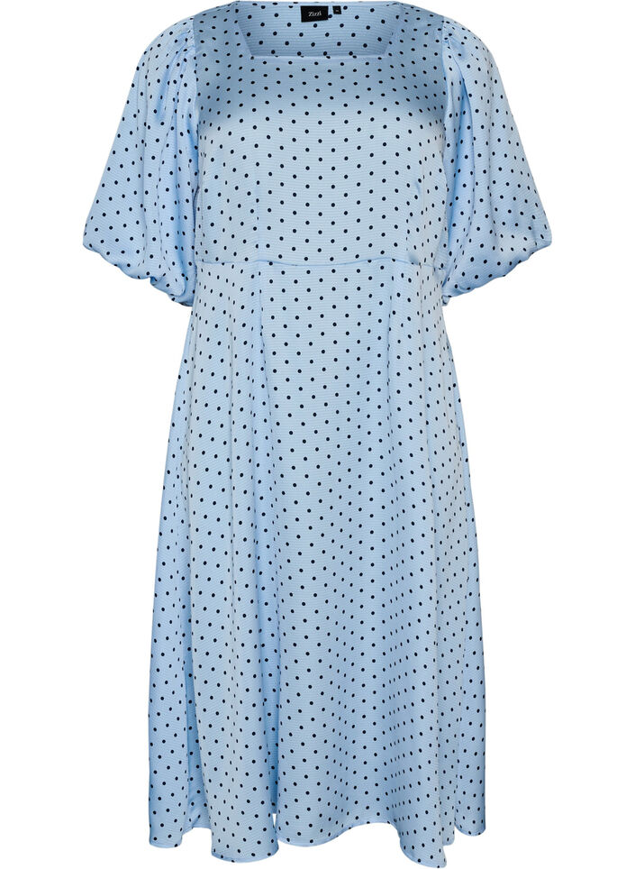 Gepunktetes Midikleid mit eckigem Ausschnitt, Blau, Packshot image number 0