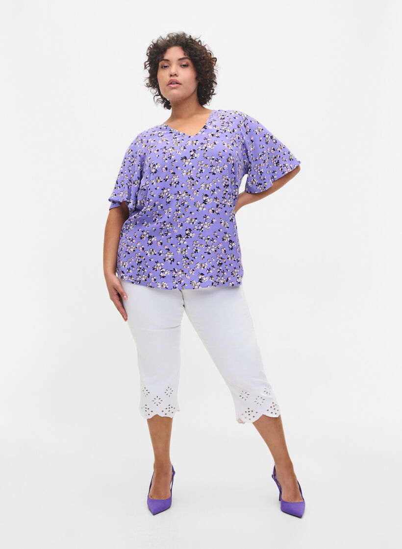 Geblümte Viskosebluse mit Schnurdetail, Lilac Flower Print, Model image number 3