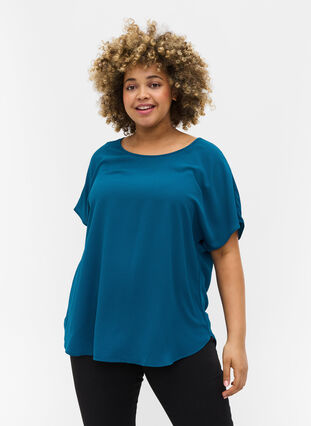 Bluse mit kurzen Ärmeln und Rundhalsausschnitt, Moroccan Blue, Model image number 0