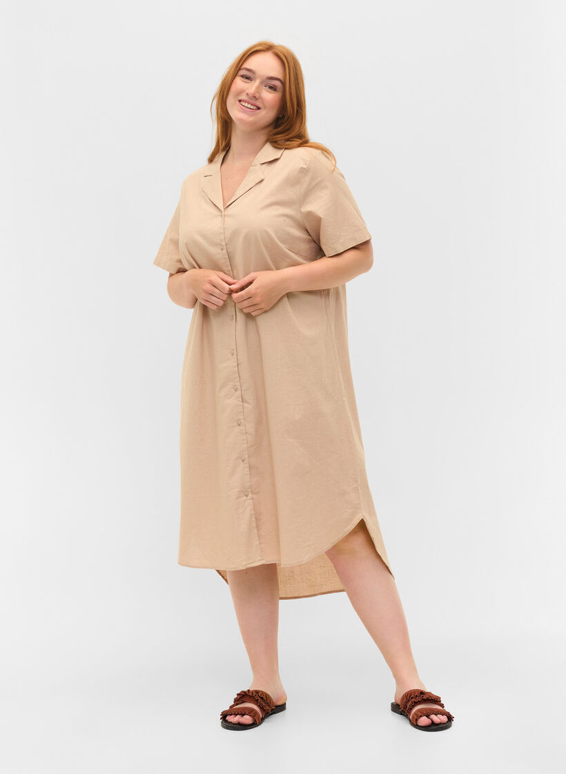 Lange Baumwollhemdbluse mit kurzen Ärmeln, Humus, Model image number 2