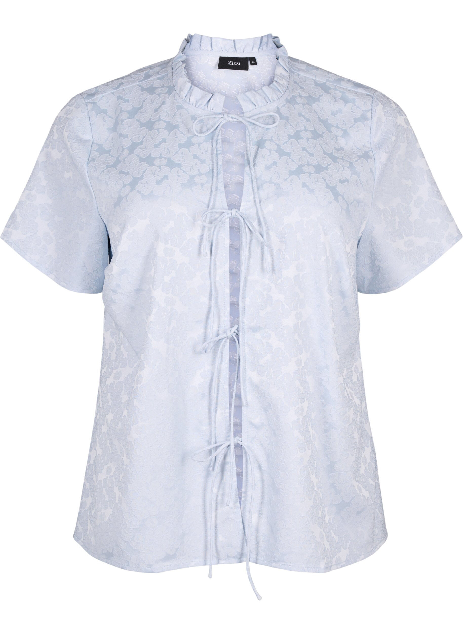 Zizzi Kurz&auml;rmelige Jacquard-Bluse mit Schleifen, Blau, Packshot image number 0