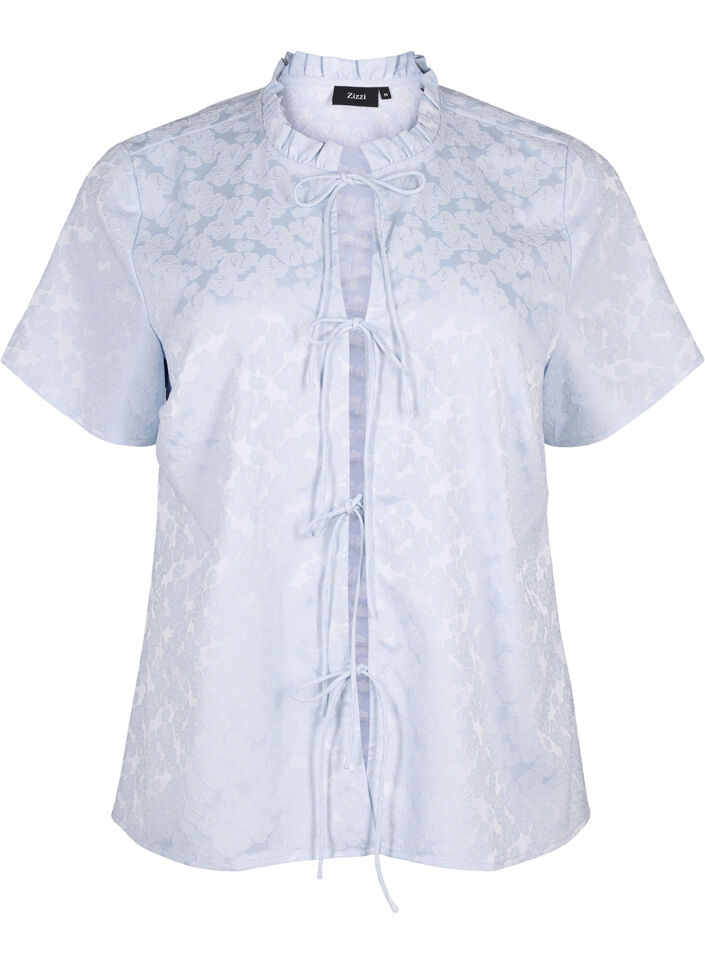Kurzärmelige Jacquard-Bluse mit Schleifen, Blau, Packshot image number 0