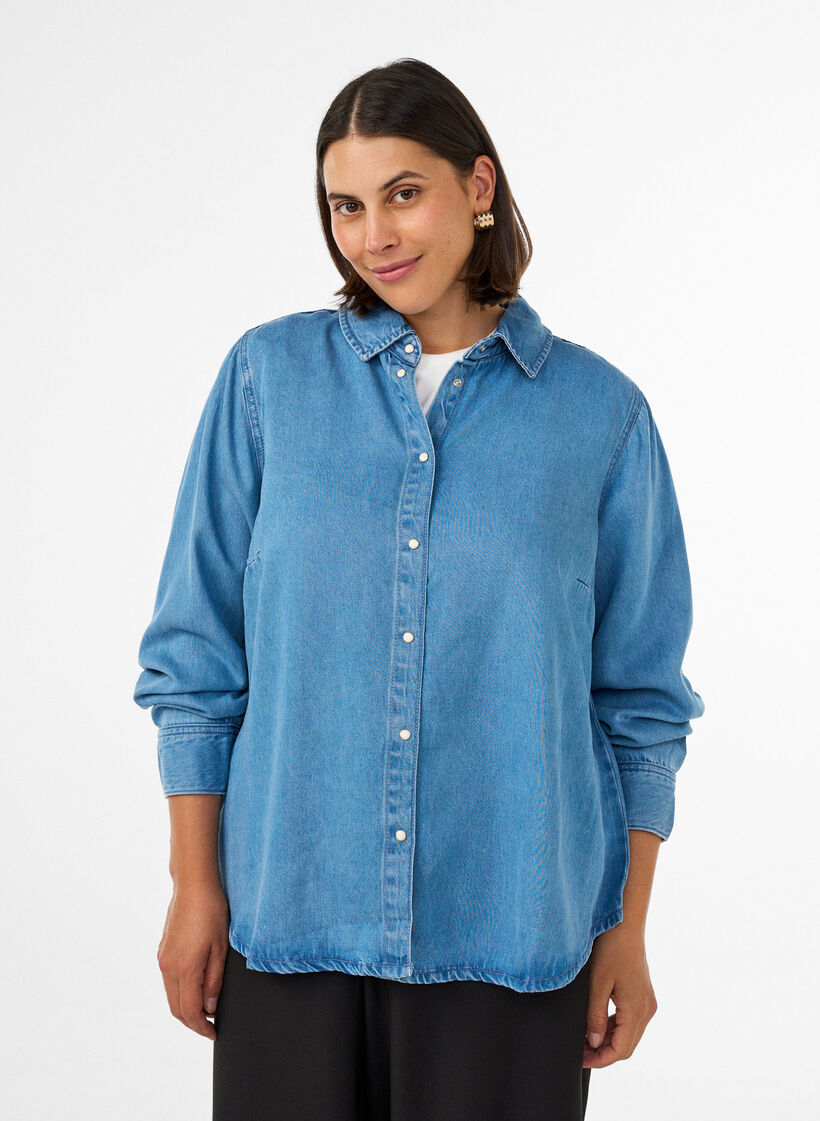 Jeanshemd aus Lyocell mit Druckkn&ouml;pfen, Blau, Model image number 0