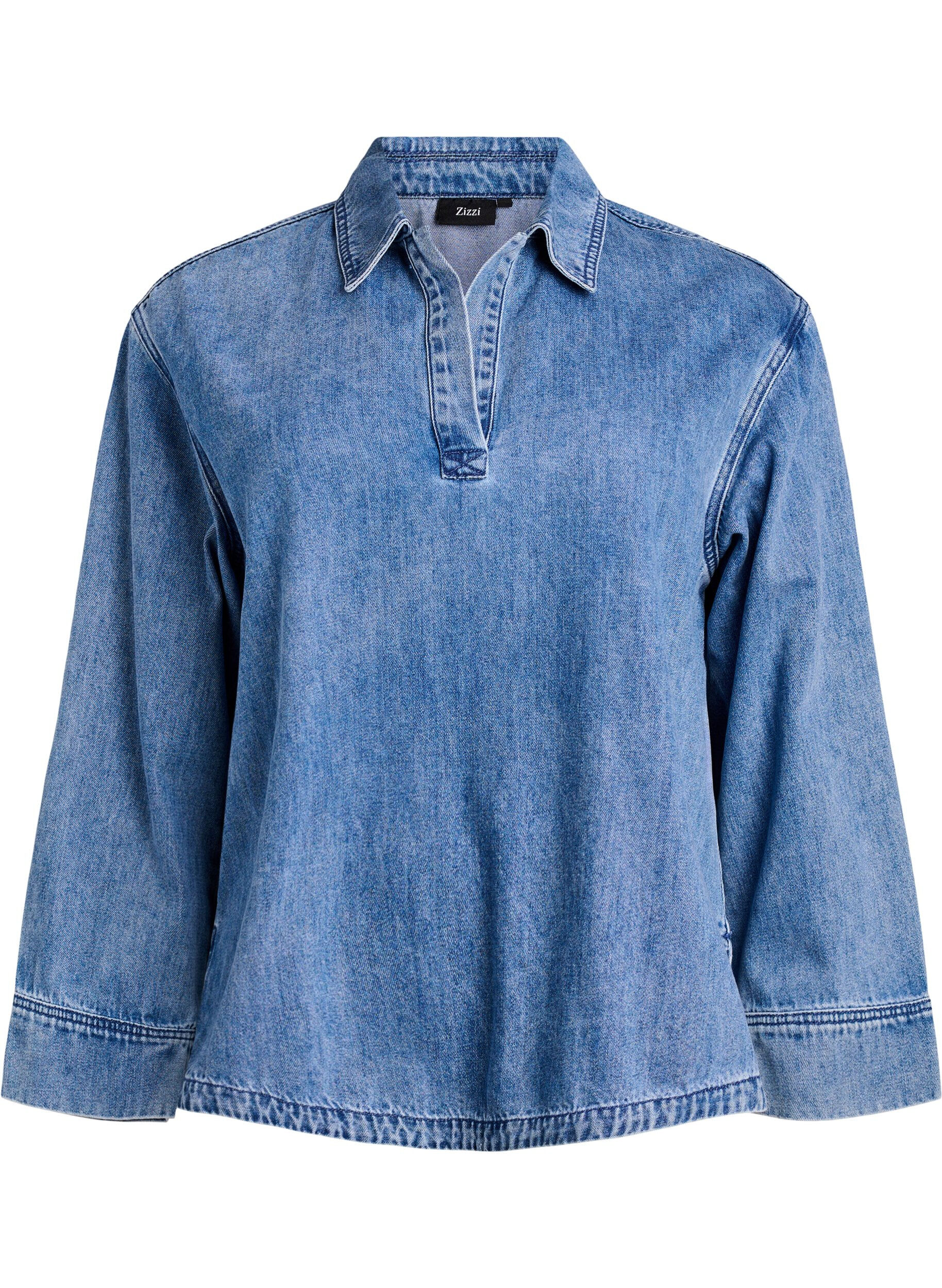 Lockere Bluse aus Denim mit Kragen und V-Ausschnitt