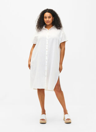 Langes Hemd aus Baumwollmischung mit Leinen, Bright White, Model image number 0