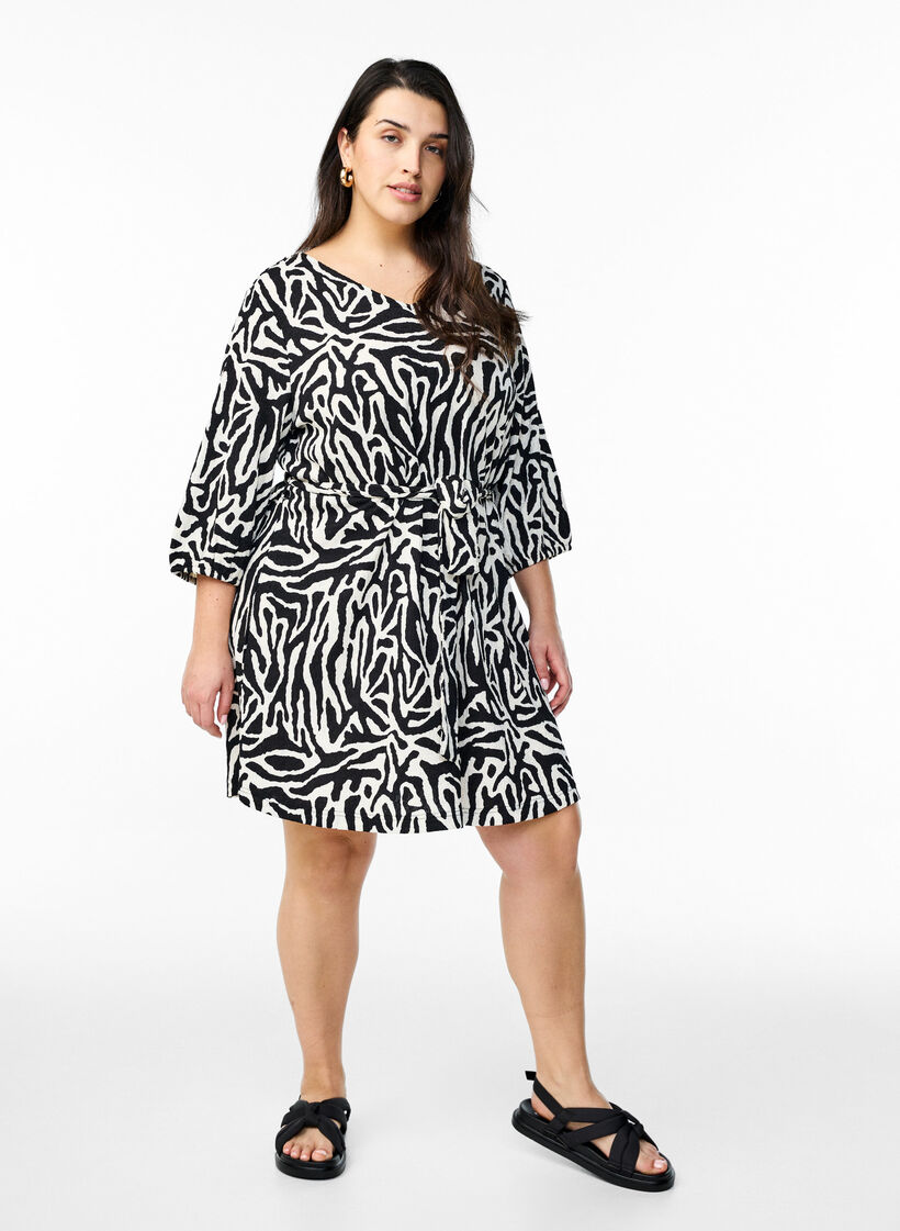 Kleid mit 3/4-&Auml;rmeln und Zebraprint, Schwarz, Model image number 1