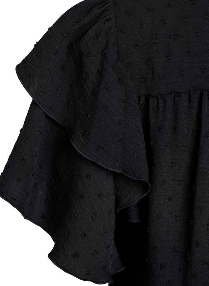 Kleid mit Rüschenärmeln und gepunkteter Textur, Black, Packshot image number 3