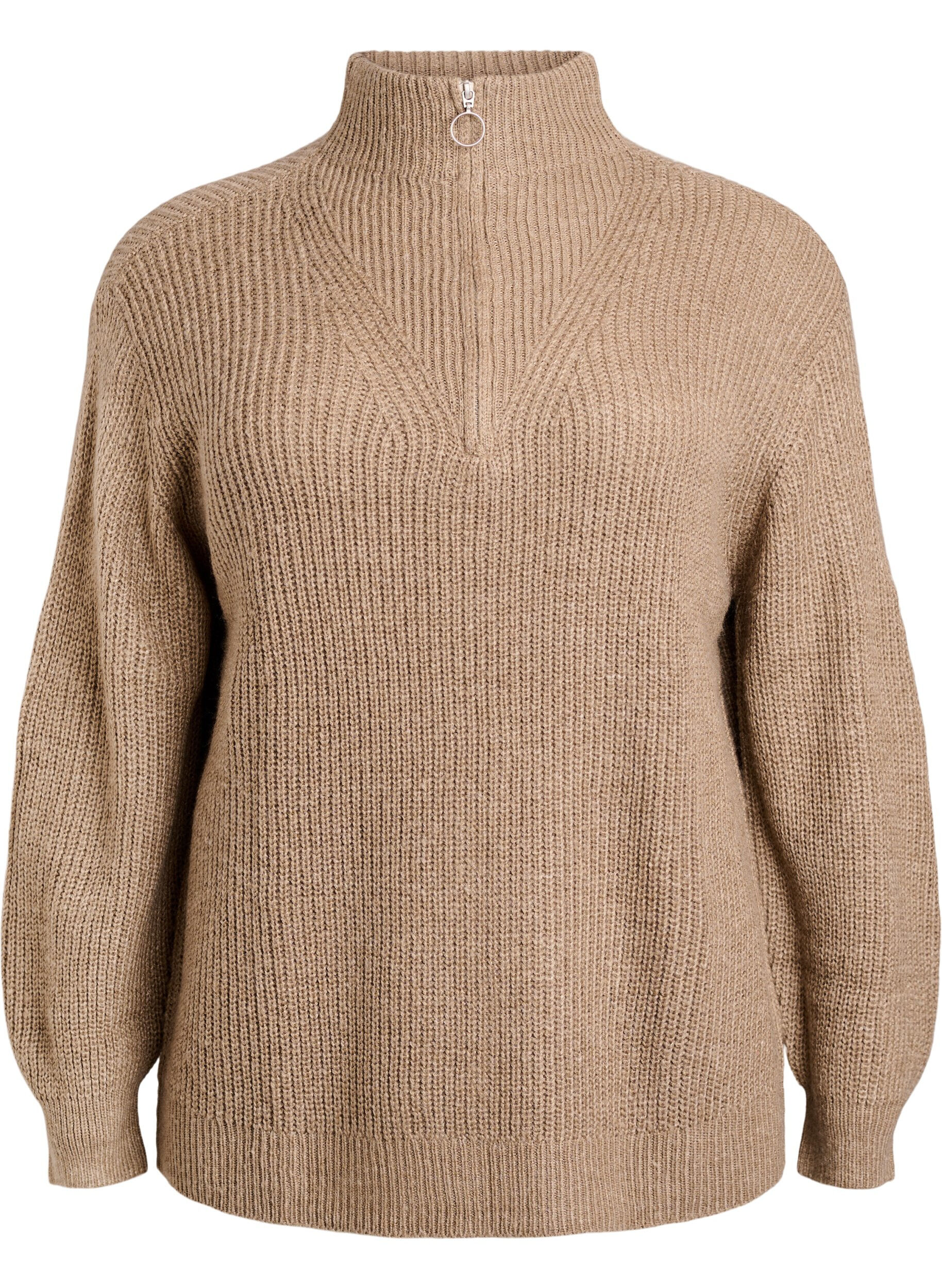 Zizzi FLASH &ndash; Strickpullover mit hohem Kragen und Rei&szlig;verschluss, Braun, Packshot image number 0