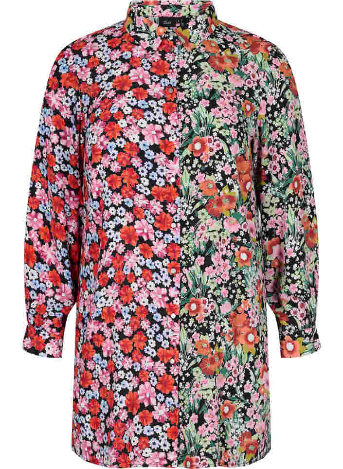 Lange Hemdbluse aus Viskose mit Blumenprint, Flower AOP Mix, Packshot image number 0