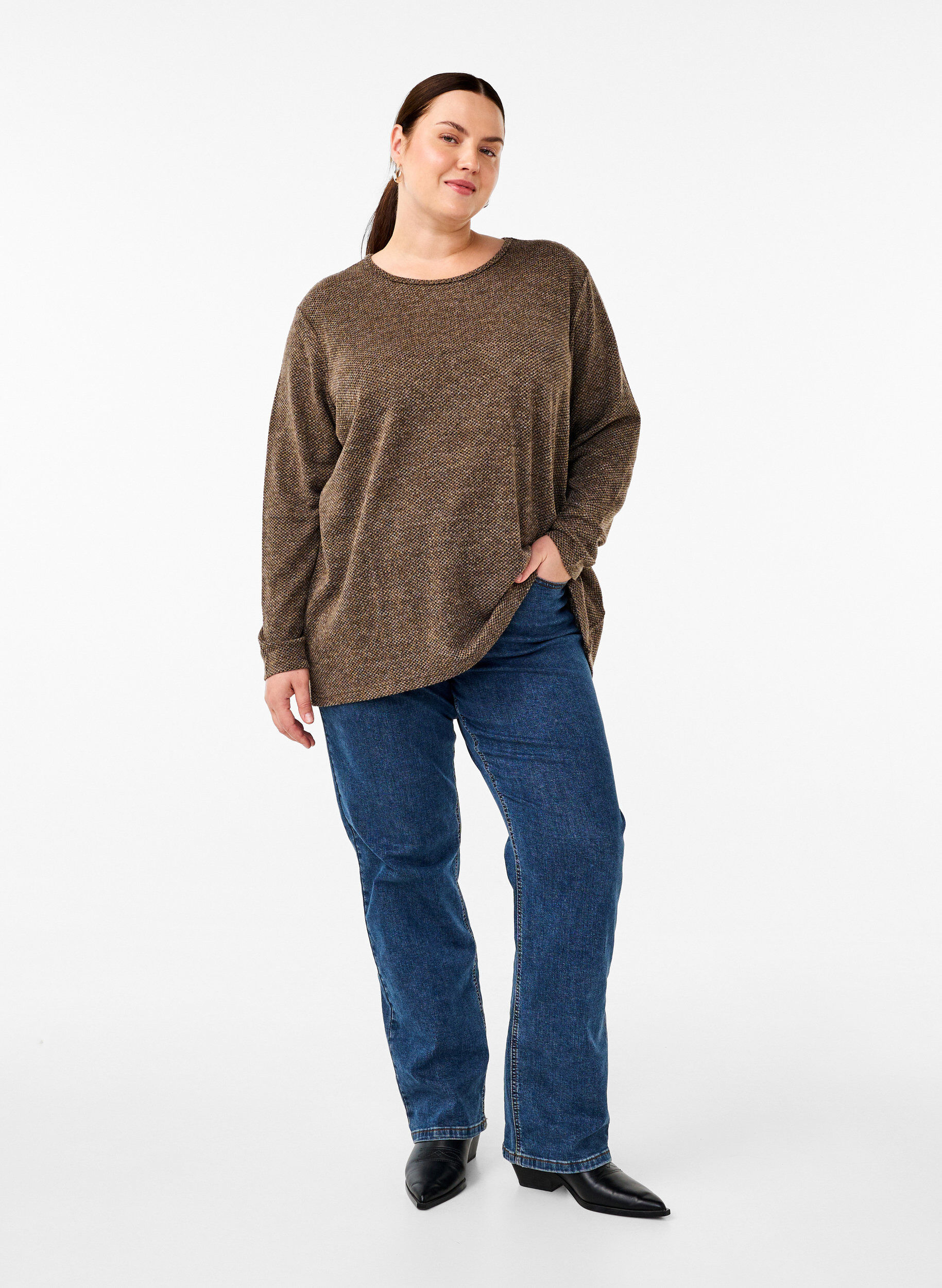Zizzi Melange Bluse mit rund um den Neck und langen &Auml;rmel, Caribou, Model image number 2