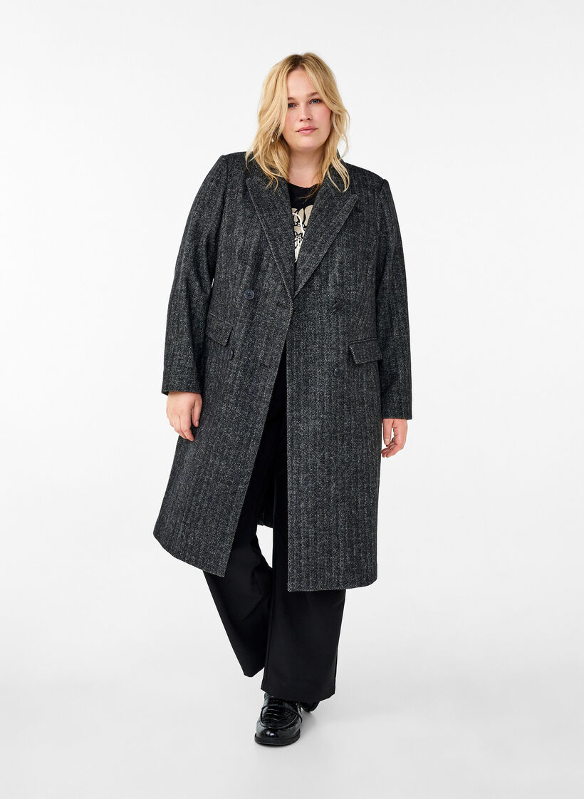 Langer Wollmantel mit Fischgrätenmuster, Dark Grey Melange, Model image number 2