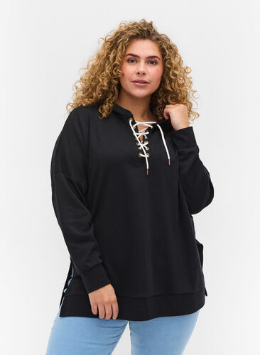 Kapuzensweatshirt mit kontrastvollen Schnüren, Black, Model image number 0
