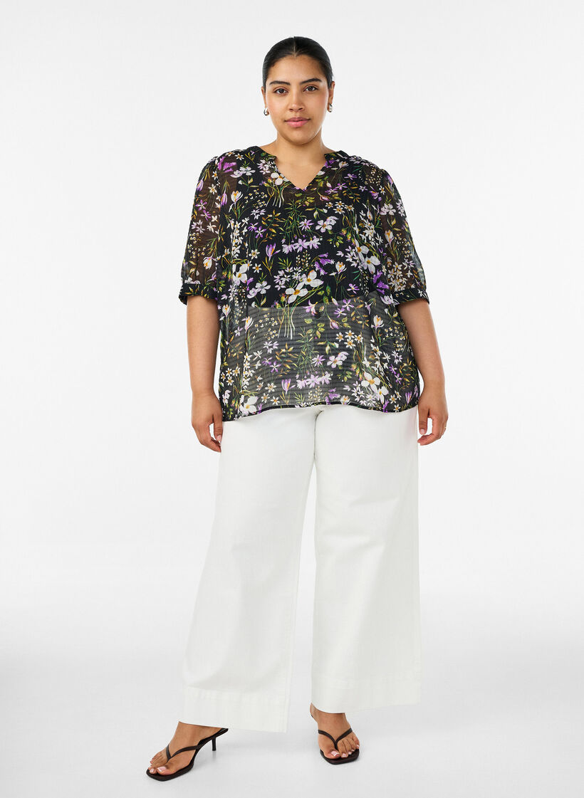 Gebl&uuml;mte Bluse mit V-Ausschnitt, Schwarz, Model image number 1