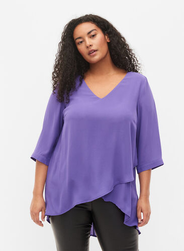 Bluse mit 3/4 Ärmeln und V-Ausschnitt, Ultra Violet, Model image number 0