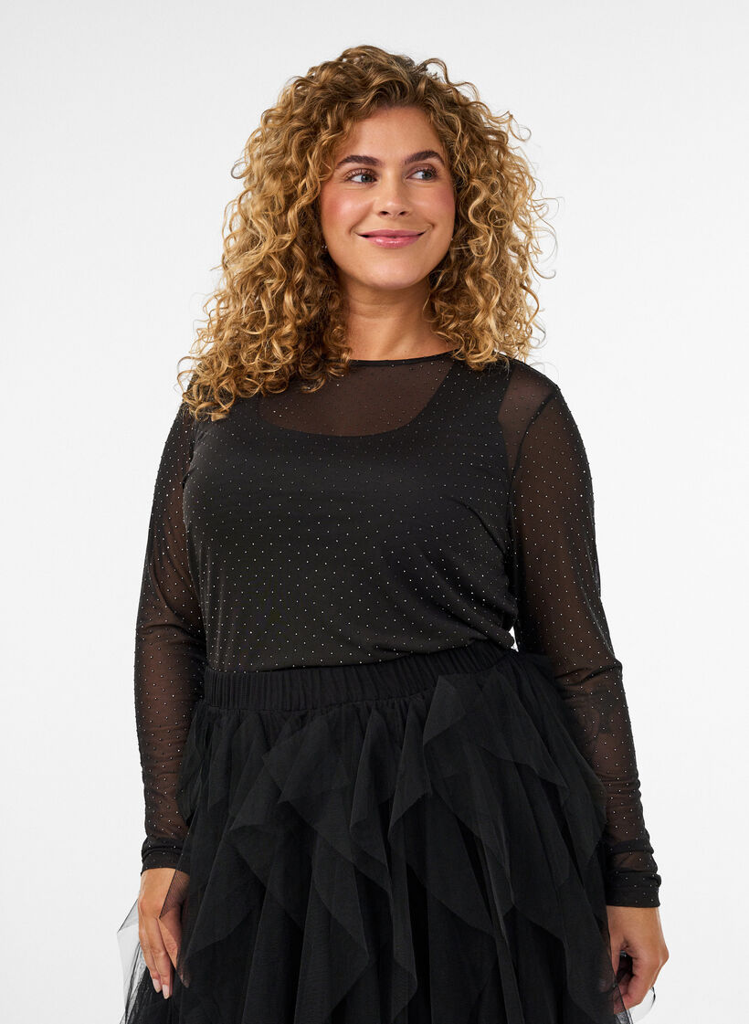 Transparente Bluse aus Mesh mit Strasssteinen, Schwarz, Model image number 0