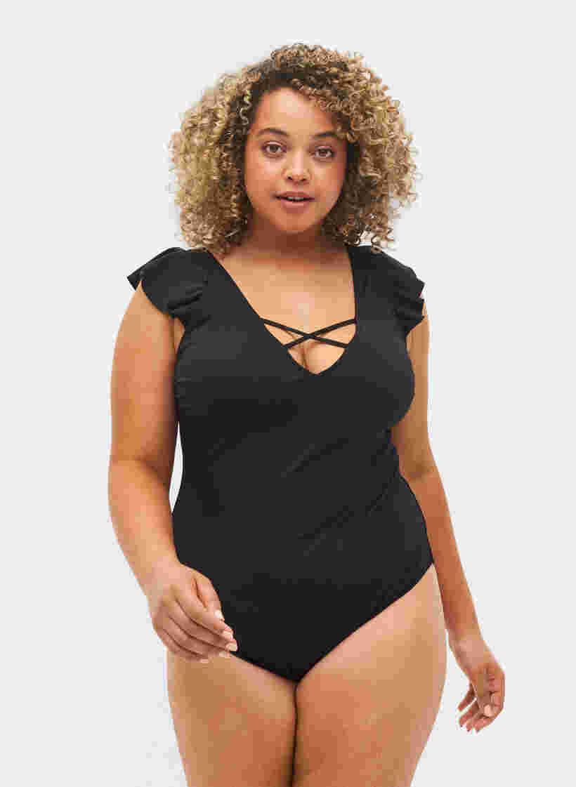 Badeanzug mit Rüschenärmeln, Black, Model image number 0