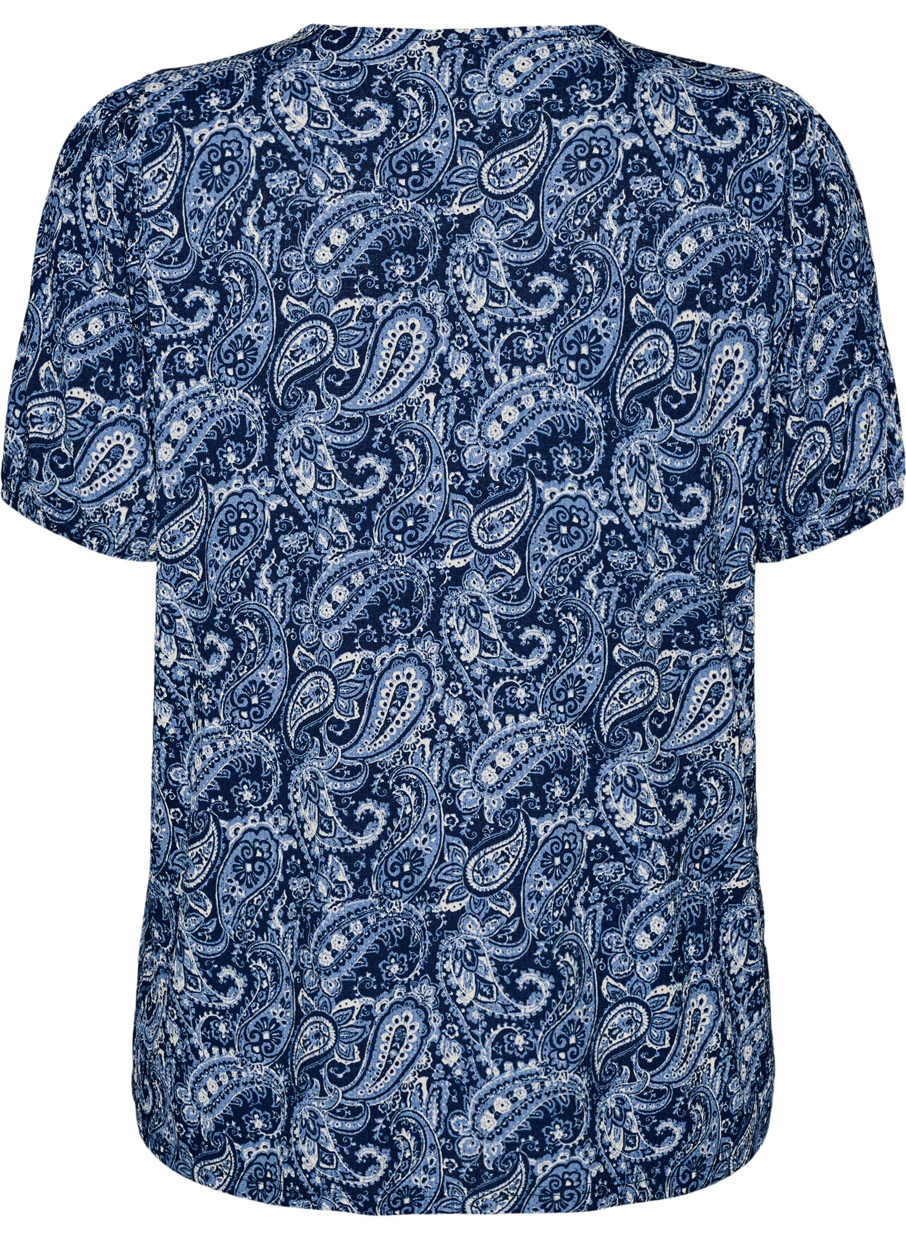 ZizziGemusterte Bluse mit kurzen &Auml;rmeln, Blau, Packshot image number 1