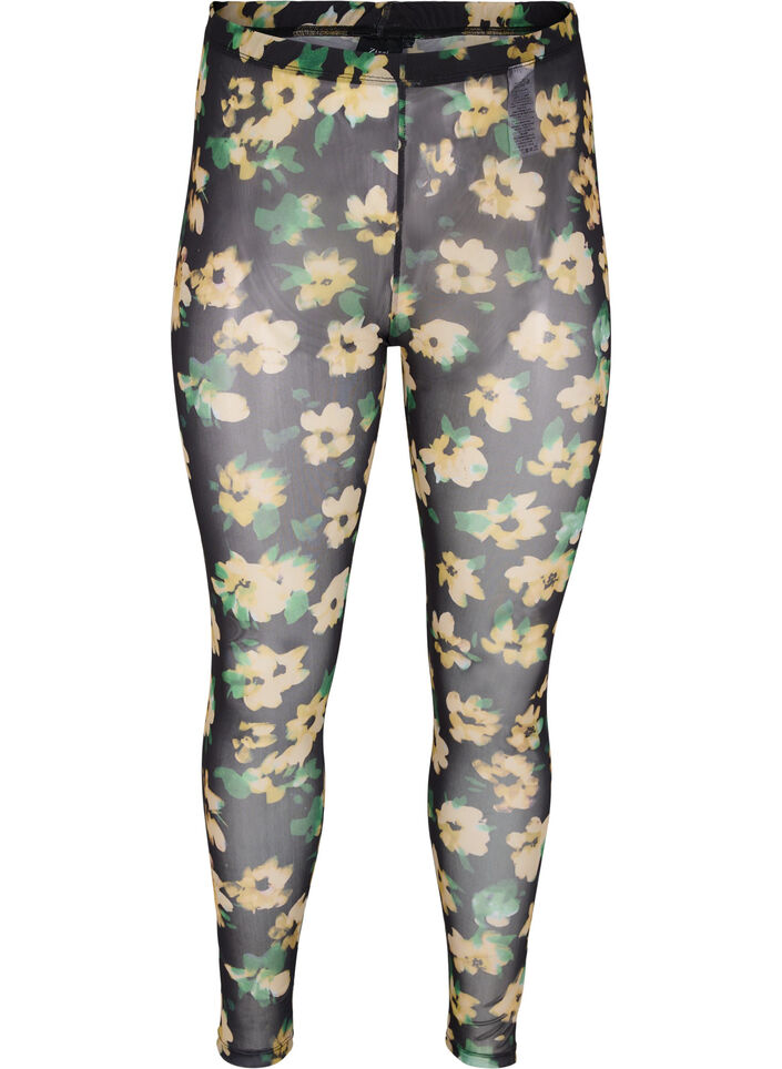 Mesh-Leggings mit Blumenprint, Yellow Green AOP, Packshot image number 0