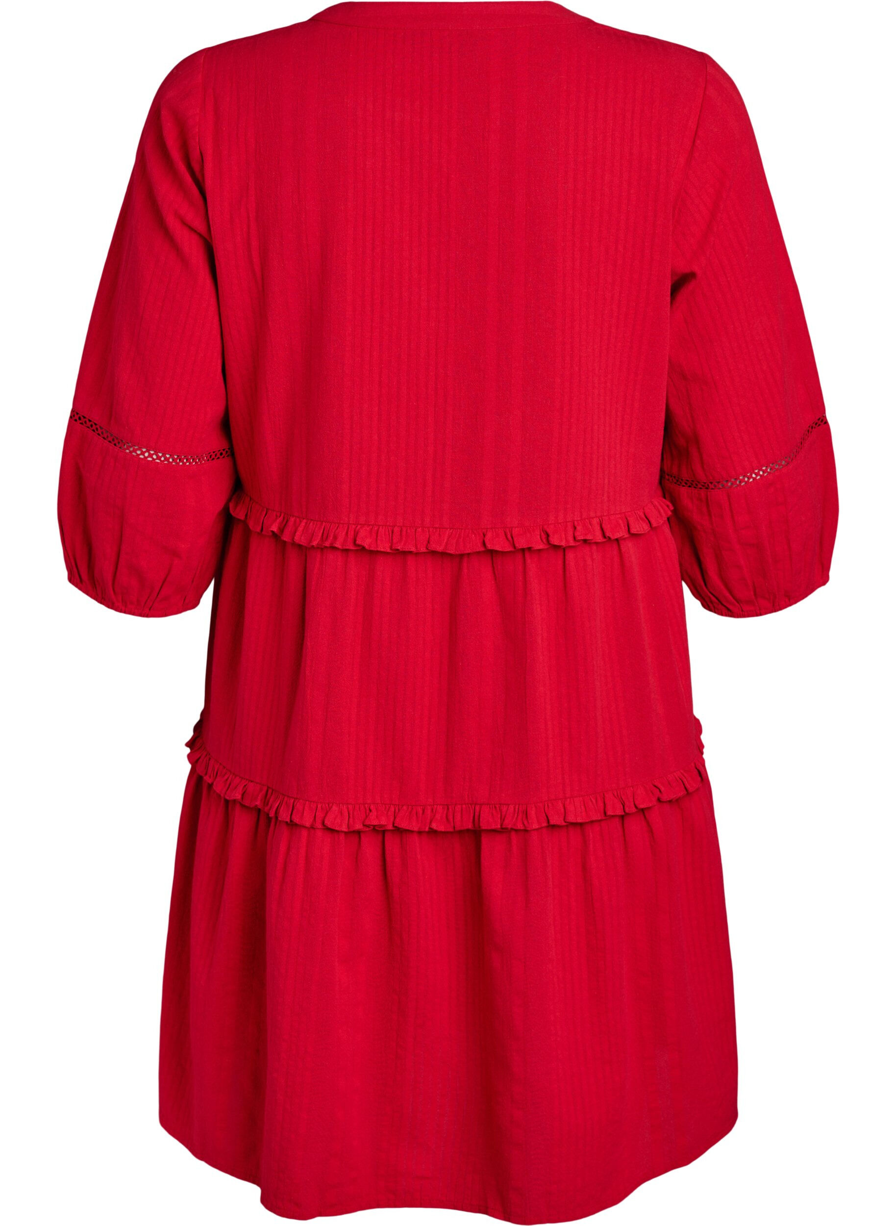 Zizzi Baumwollkleid mit 3/4-&Auml;rmeln und R&uuml;schen, Rot, Packshot image number 1
