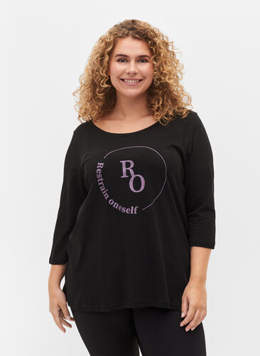Baumwoll-T-Shirt mit 3/4 Ärmeln, Black RO, Model image number 0
