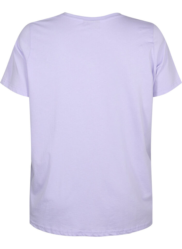 T-Shirt aus Baumwolle mit V-Ausschnitt und Text, Lavender w. Text, Packshot image number 1