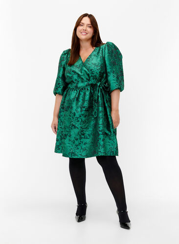 Kurzes Wrap-Kleid mit 3/4-Ärmeln, Green , Model image number 2