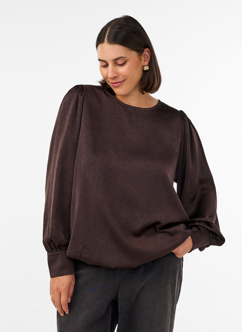 Bluse im Satin-Look mit Ballonform, Braun, Model image number 0