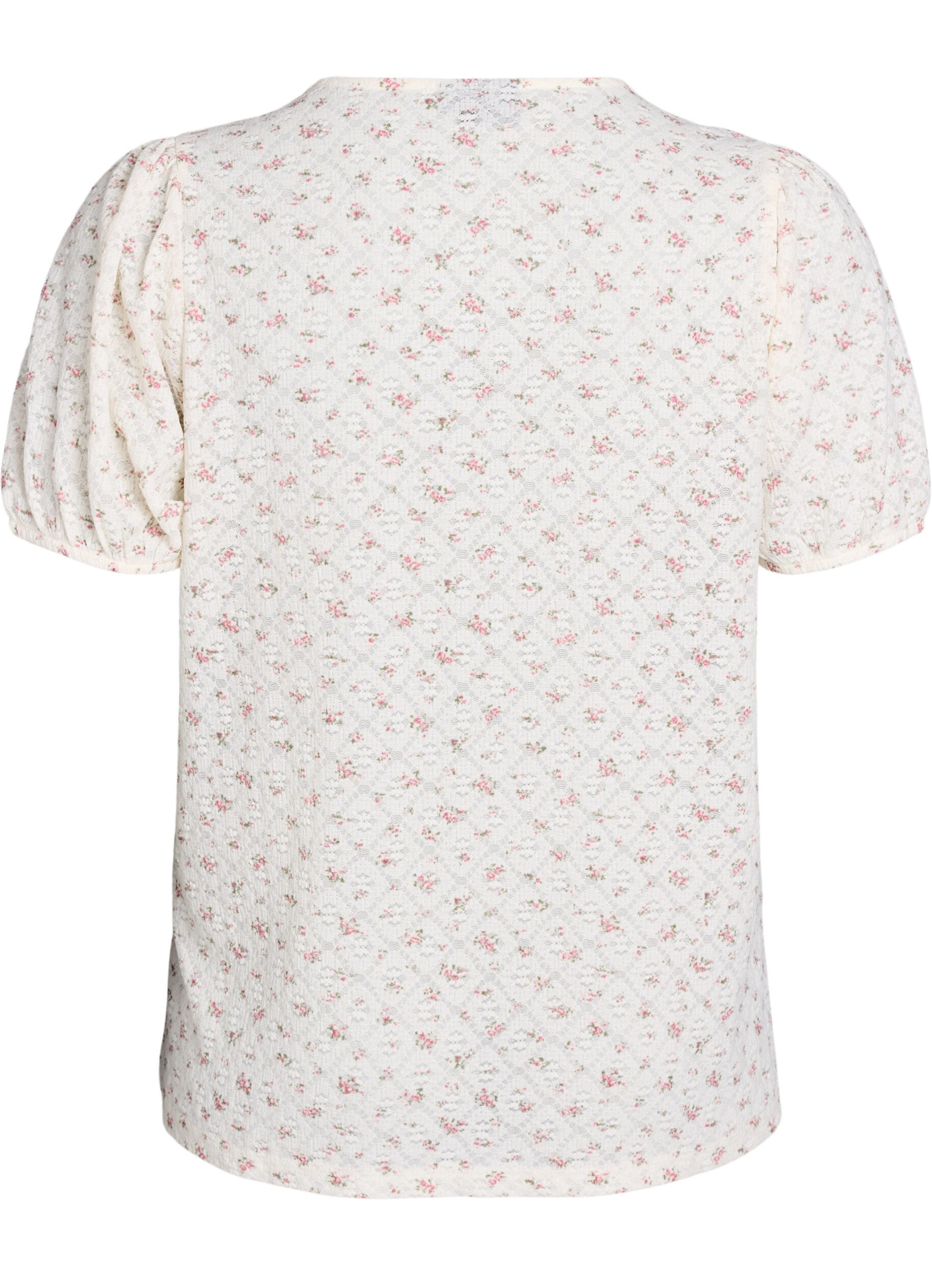 Zizzi Kurzarm-Jerseybluse mit Blumenprint, Wei&szlig;, Packshot image number 1
