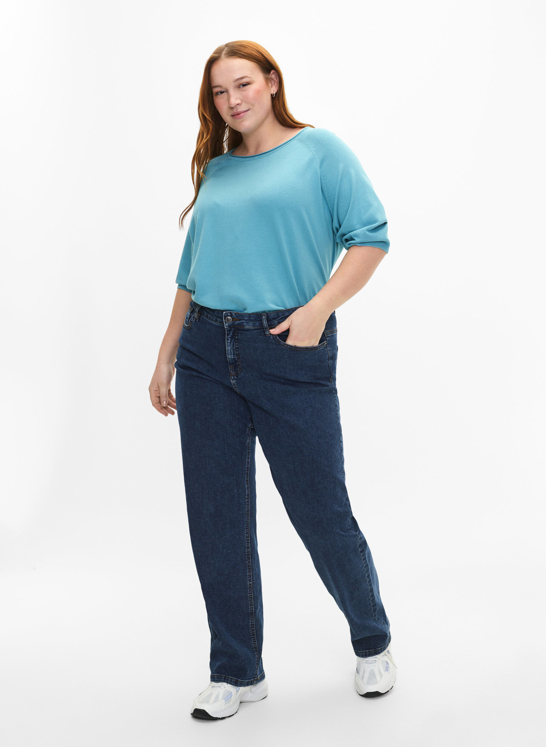 Zizzi Strickbluse aus Viskose mit 3/4-&Auml;rmeln, Reef Waters, Model image number 2