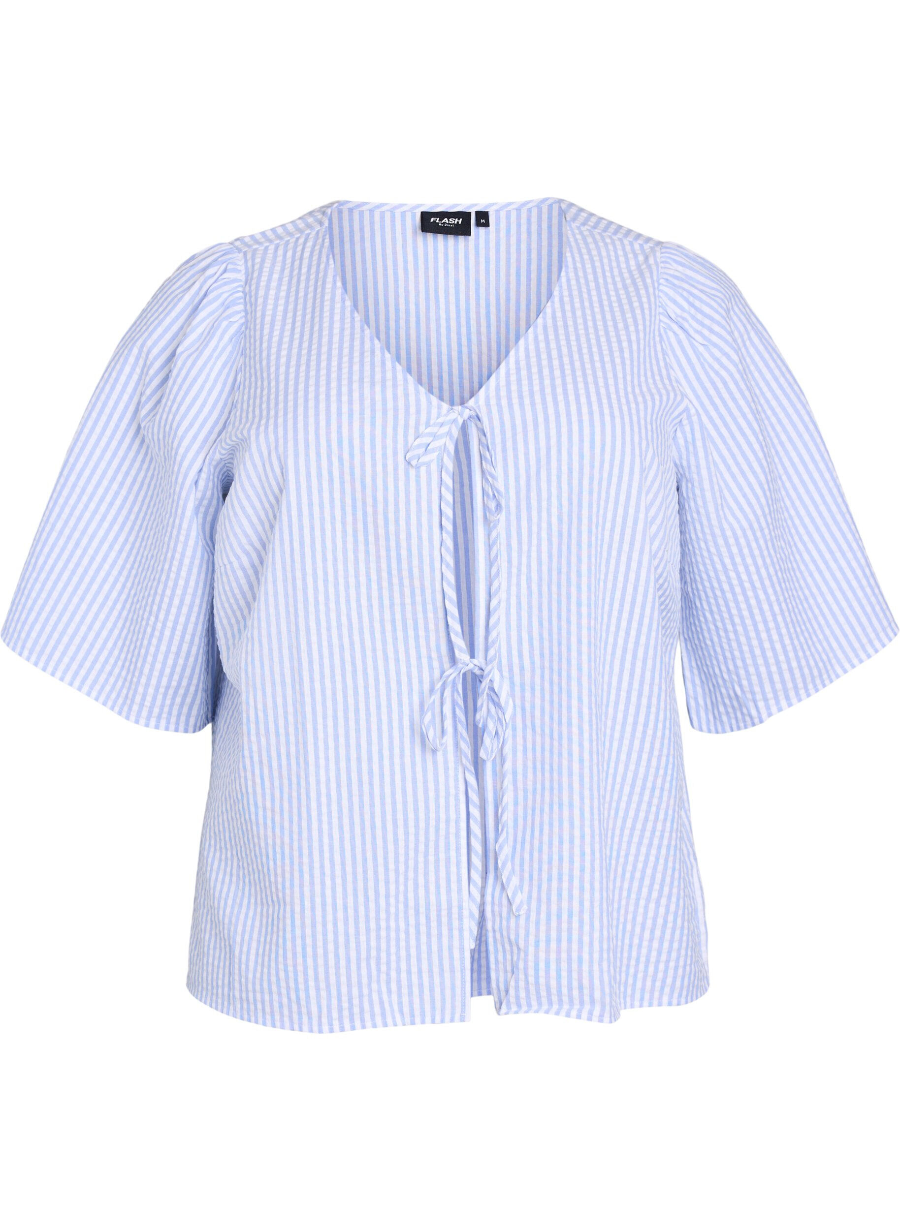 Zizzi FLASH - Gestreifte Bluse mit Schleifen, Blau, Packshot image number 0