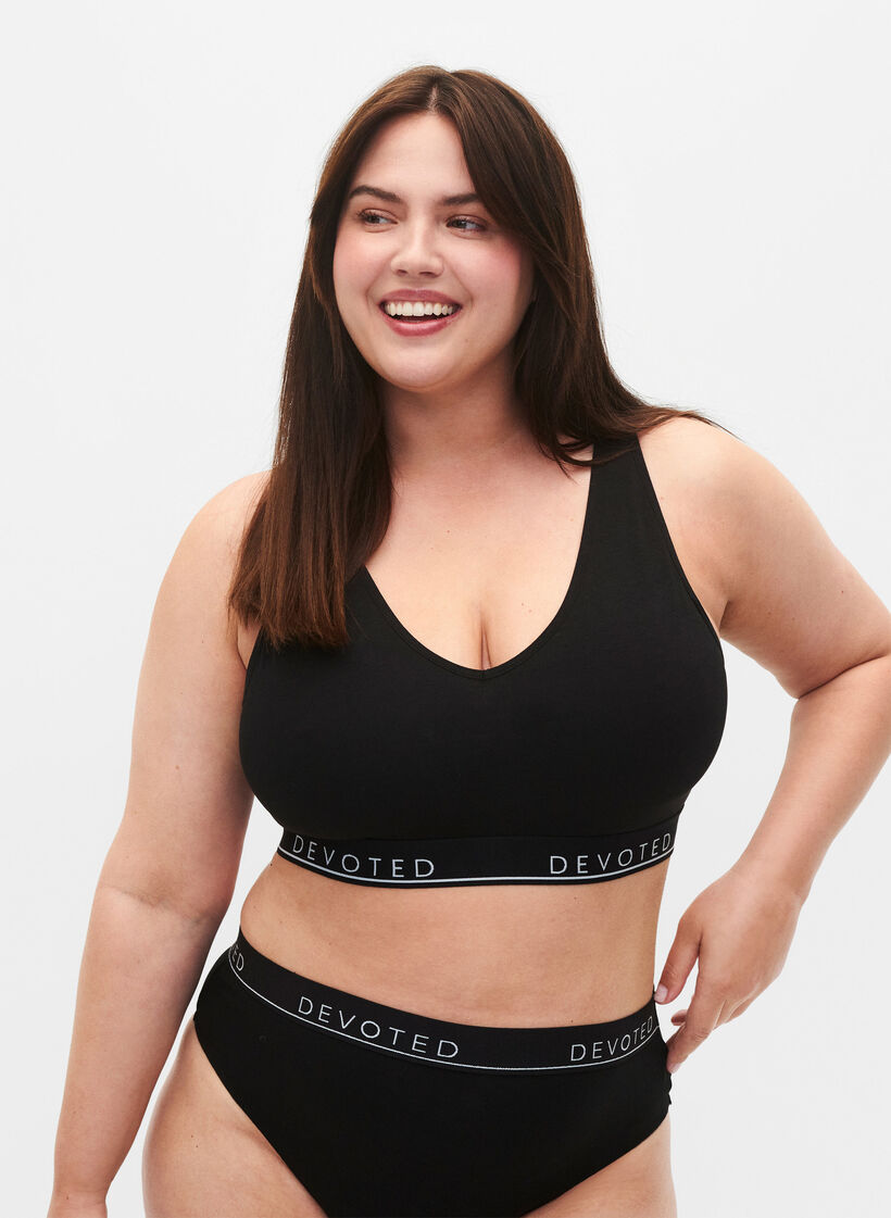 Baumwoll-BH mit V-Ausschnitt und Textdruck, Schwarz, Model image number 0