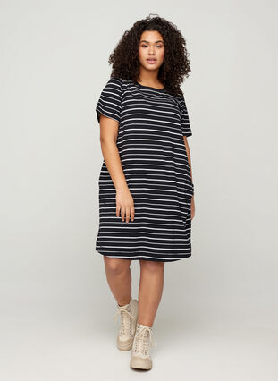 Kurzarm Kleid aus Baumwolle mit Taschen, Black w. stripe, Model image number 2