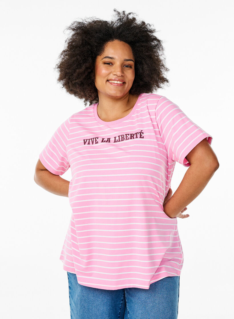 Gestreiftes T-Shirt mit Text-Print, Pink, Model image number 0