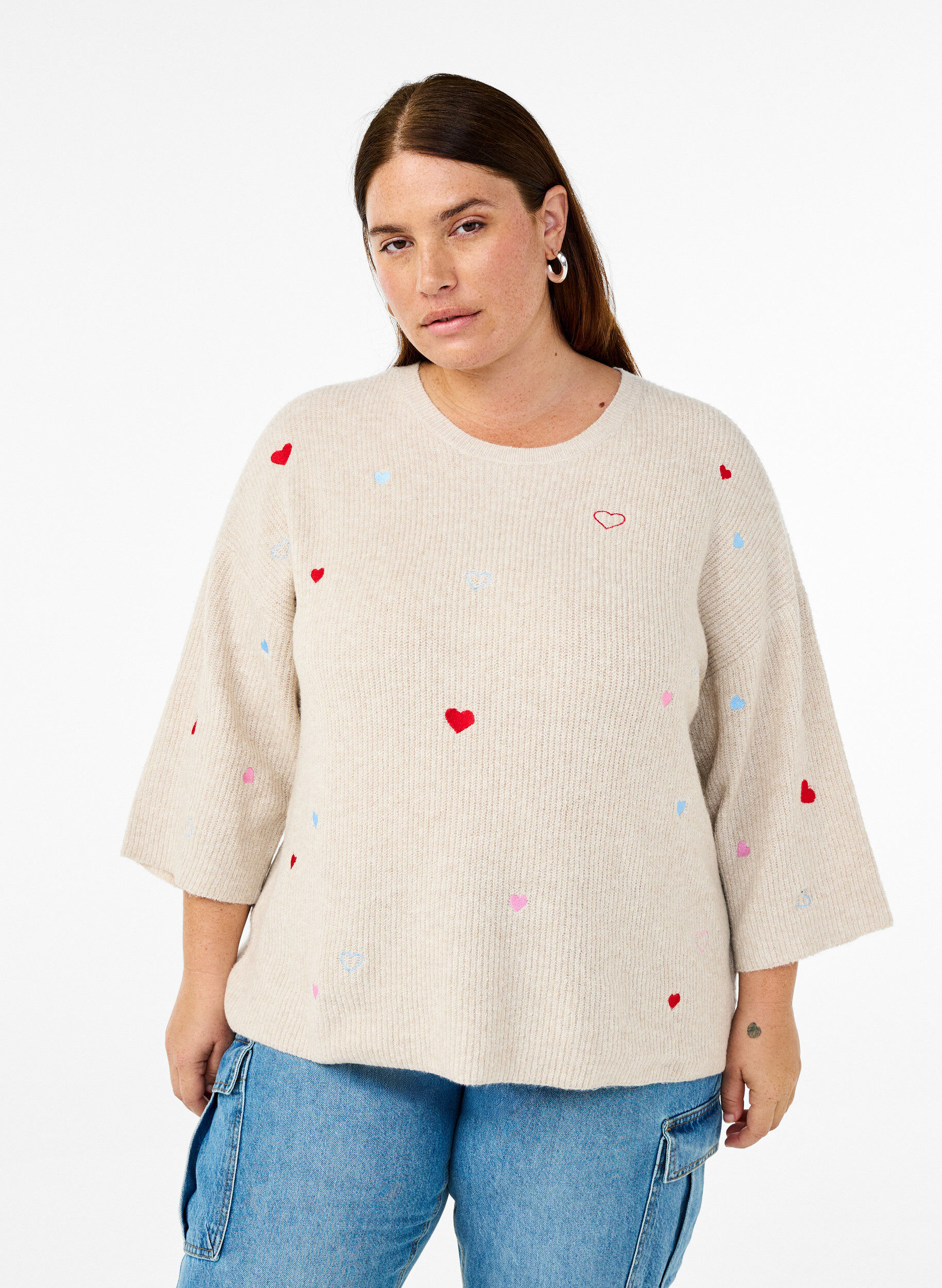 Zizzi Strickbluse mit Herzen und 3/4-&Auml;rmeln, Beige, Model image number 0