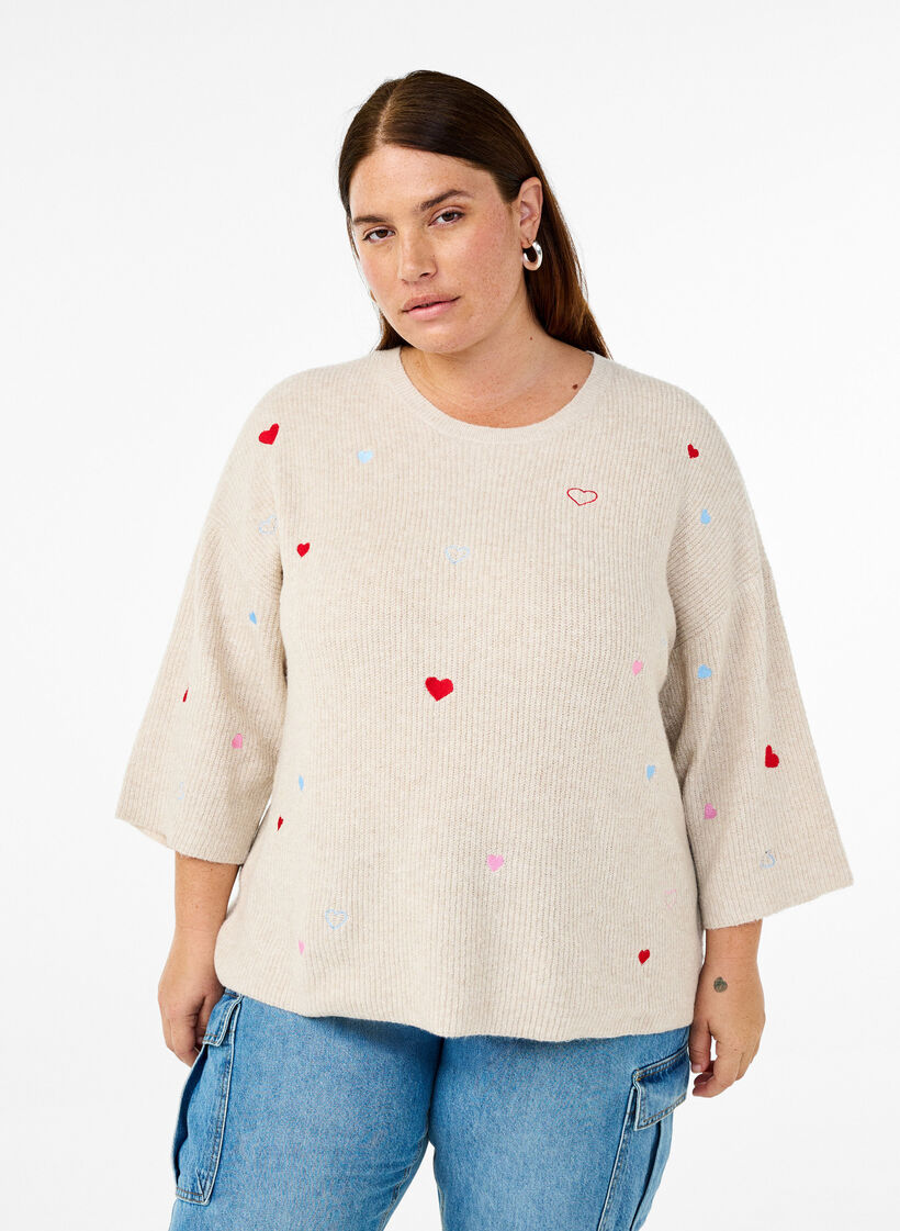 Pullover mit Herzen und 3/4-Ärmeln, Beige, Model image number 0
