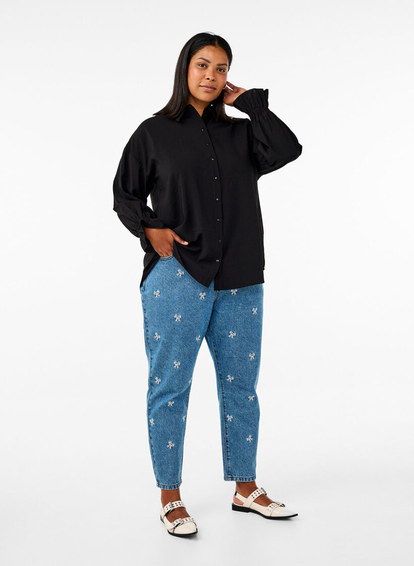 Bluse mit langen Ärmeln und Rüschendetails, Schwarz, Model image number 1