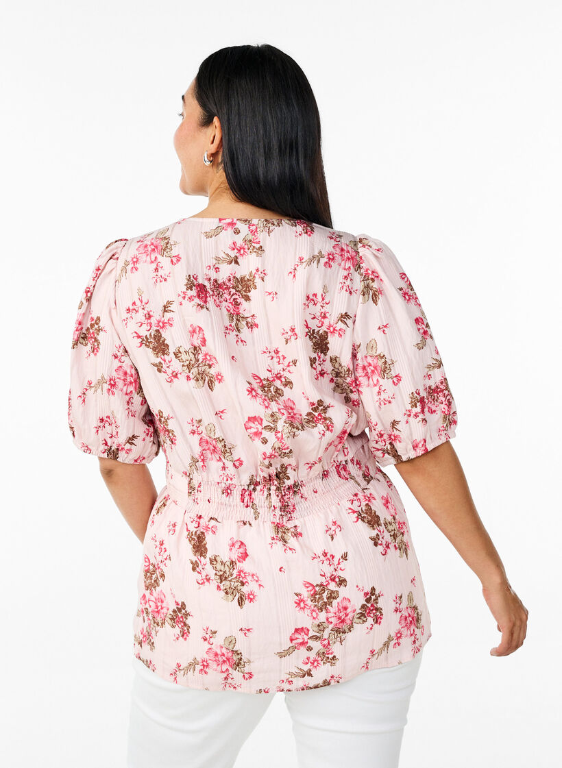 Geblümte Bluse mit kurzen Ärmeln und geraffter Taille, Pink, Model image number 2