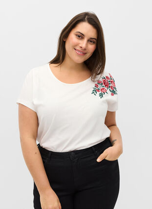 Kurzarm T-Shirt aus Baumwolle mit Stickerei, Warm Off-white, Model image number 0