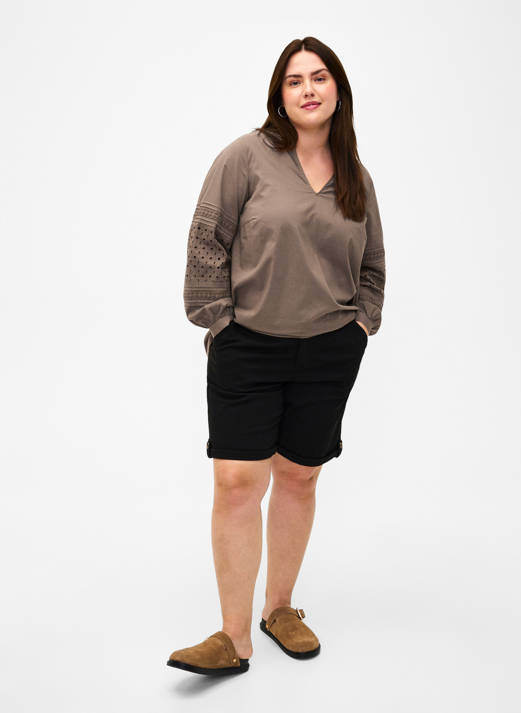 Zizzi Langarmbluse mit dekorativen Details, Caribou, Model image number 2