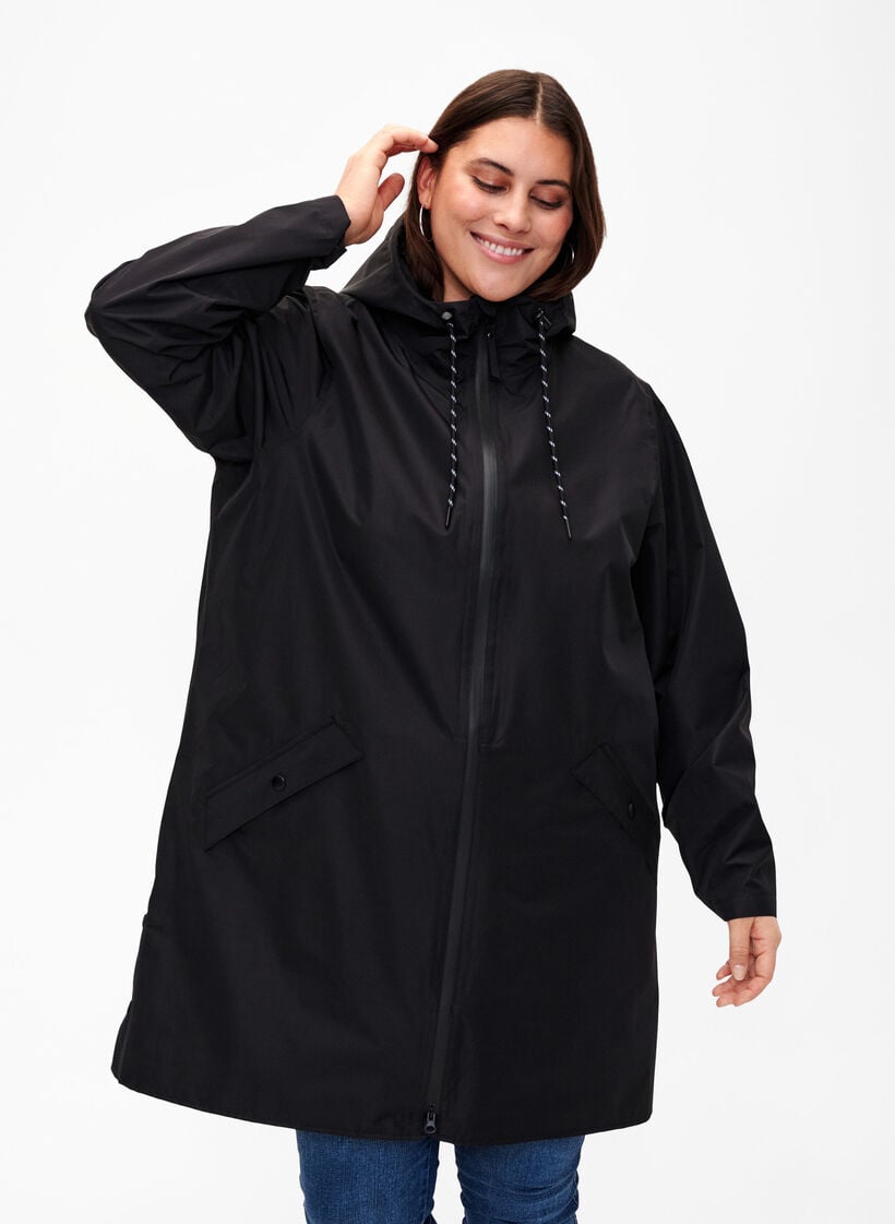 Regenmantel mit Taschen und Kapuze, Schwarz, Model image number 0