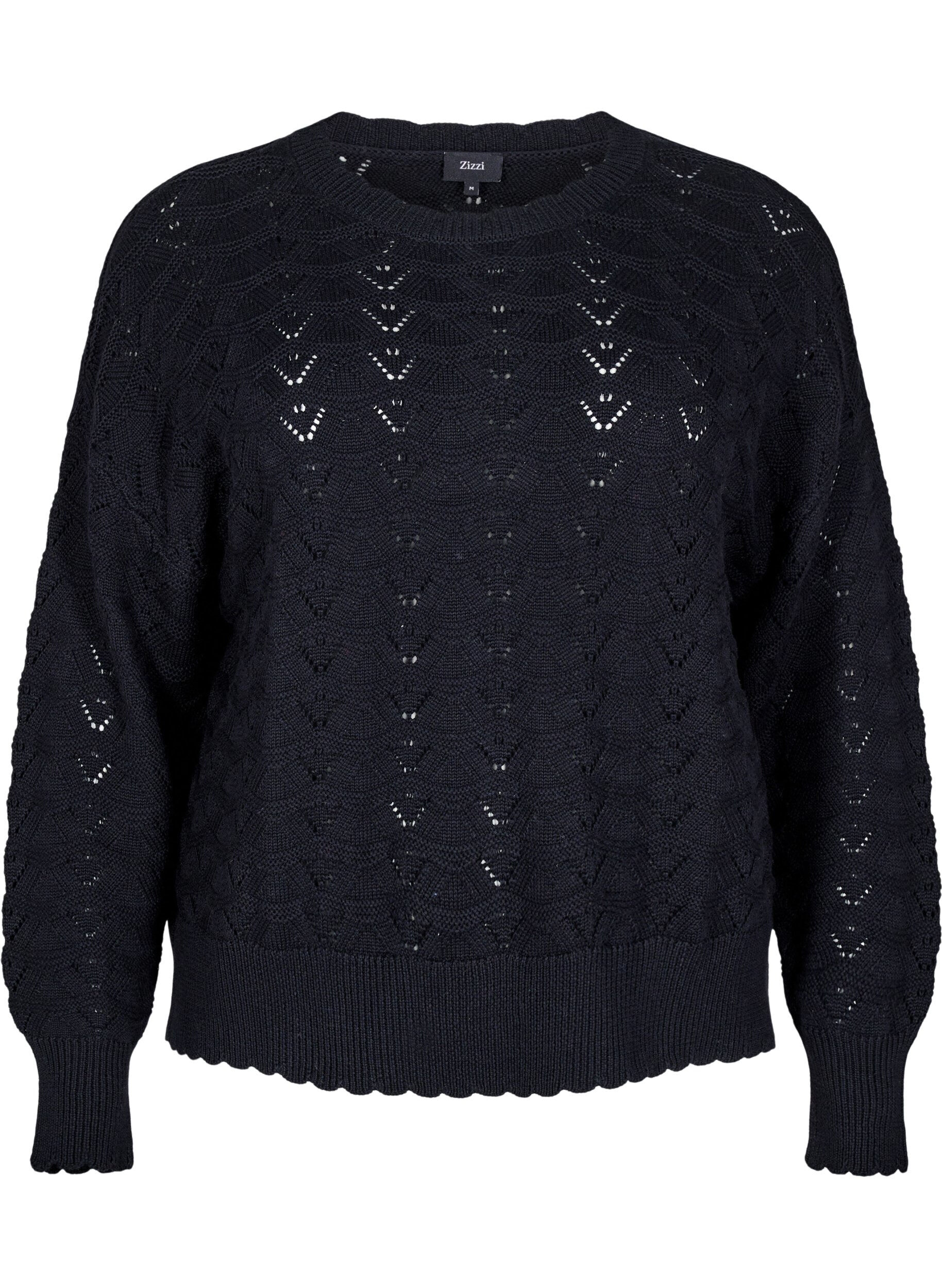 Zizzi Strickbluse mit Lochmuster und langen &Auml;rmeln, Black, Packshot image number 0