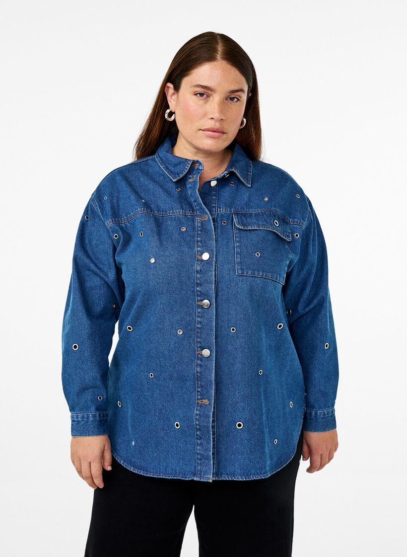 Jeansbluse mit Ösen, Blau, Model image number 0