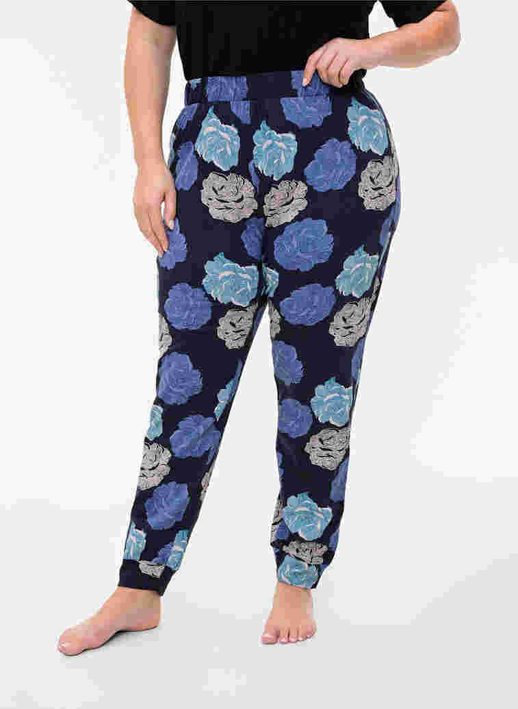 Schlafanzughose aus Baumwolle mit Blumenprint, Blue Flower, Model image number 2