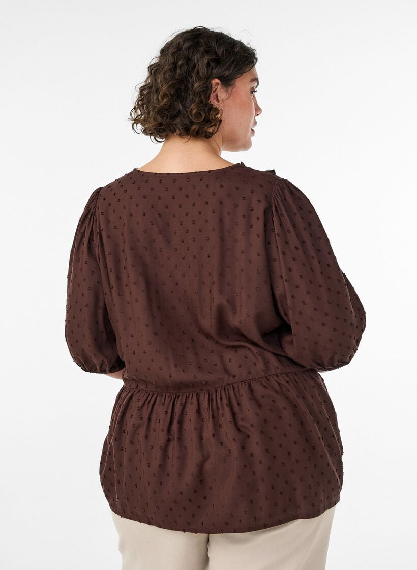 Bluse aus Viskose mit gepunkteter Struktur und V-Ausschnitt, Braun, Model image number 2