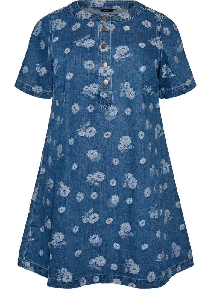 A-Linien-Kleid aus Denim mit Blumenmuster, Blau, Packshot image number 0