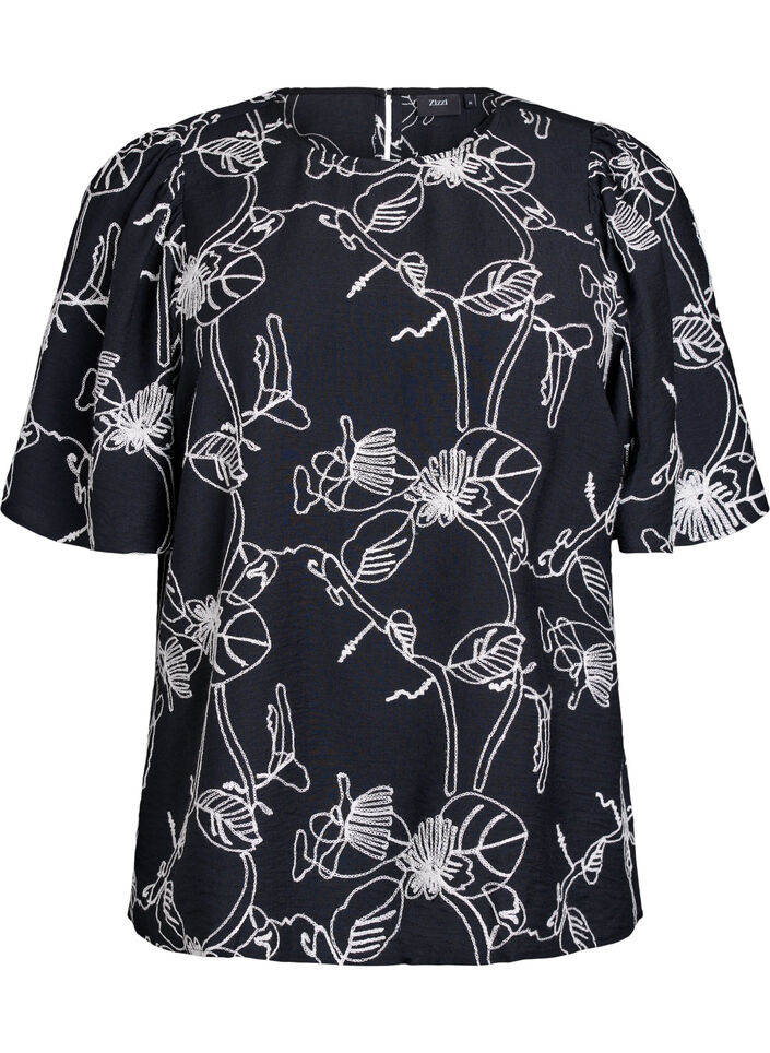 Kurzärmelige Bluse mit Stickmuster, Schwarz, Packshot image number 0