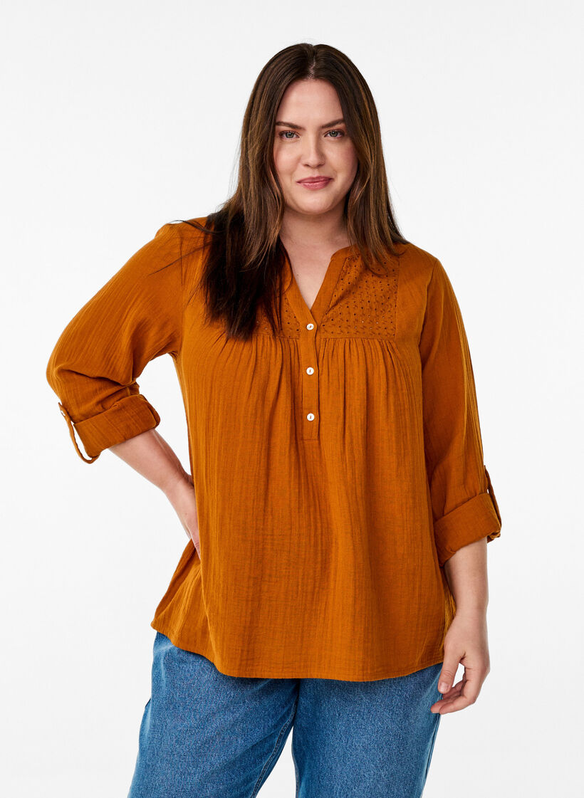 Bluse aus Baumwollmusselin mit Lochstickerei, Orange, Model image number 0