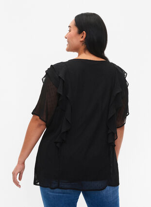 Kurzärmelige Bluse mit Rüschen und Pünktchenmuster, Black, Model image number 1